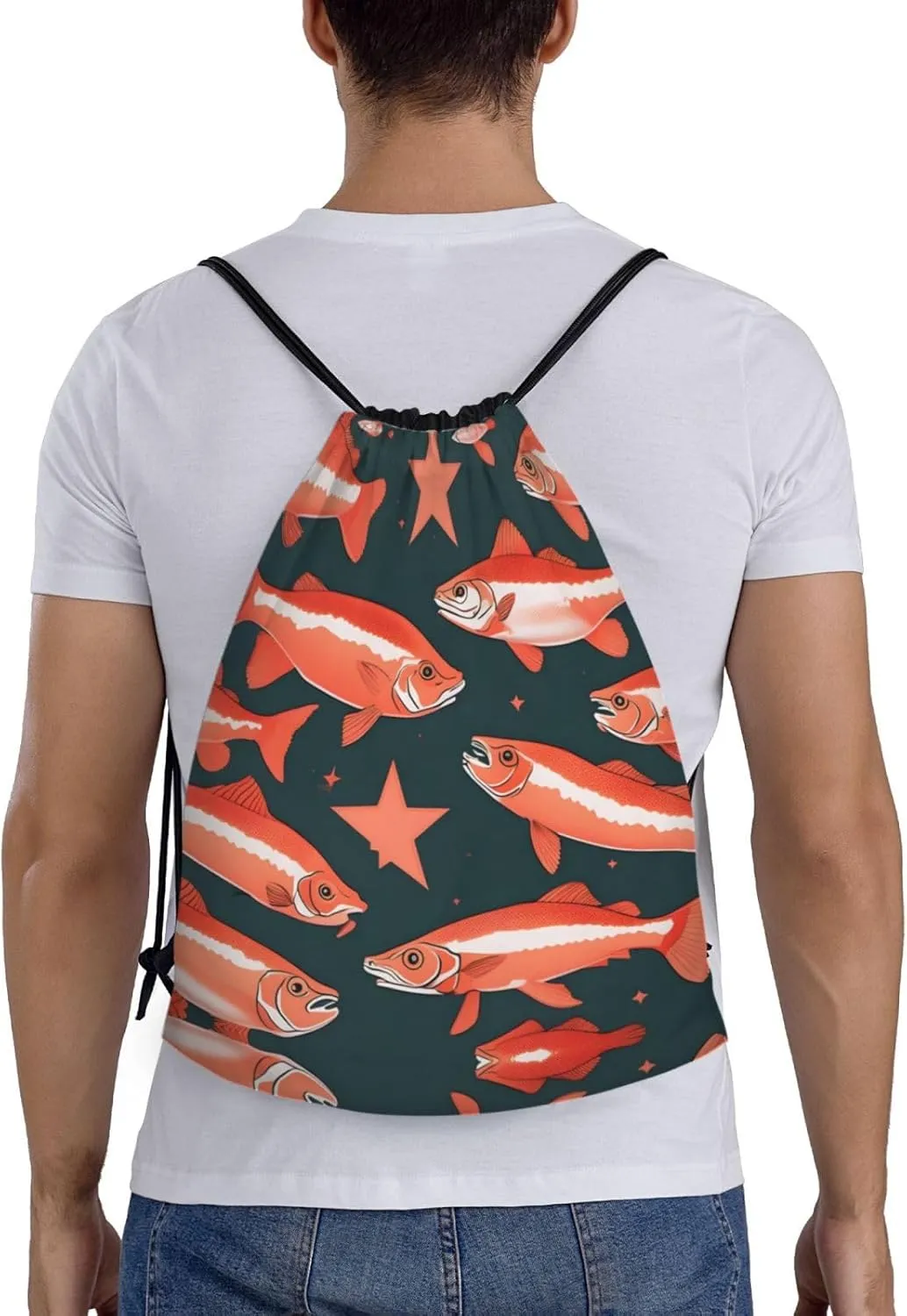 Salmon print Sports Drawstring Backpack String Swim Gym Bag for Women and Men Small Gym Bag
