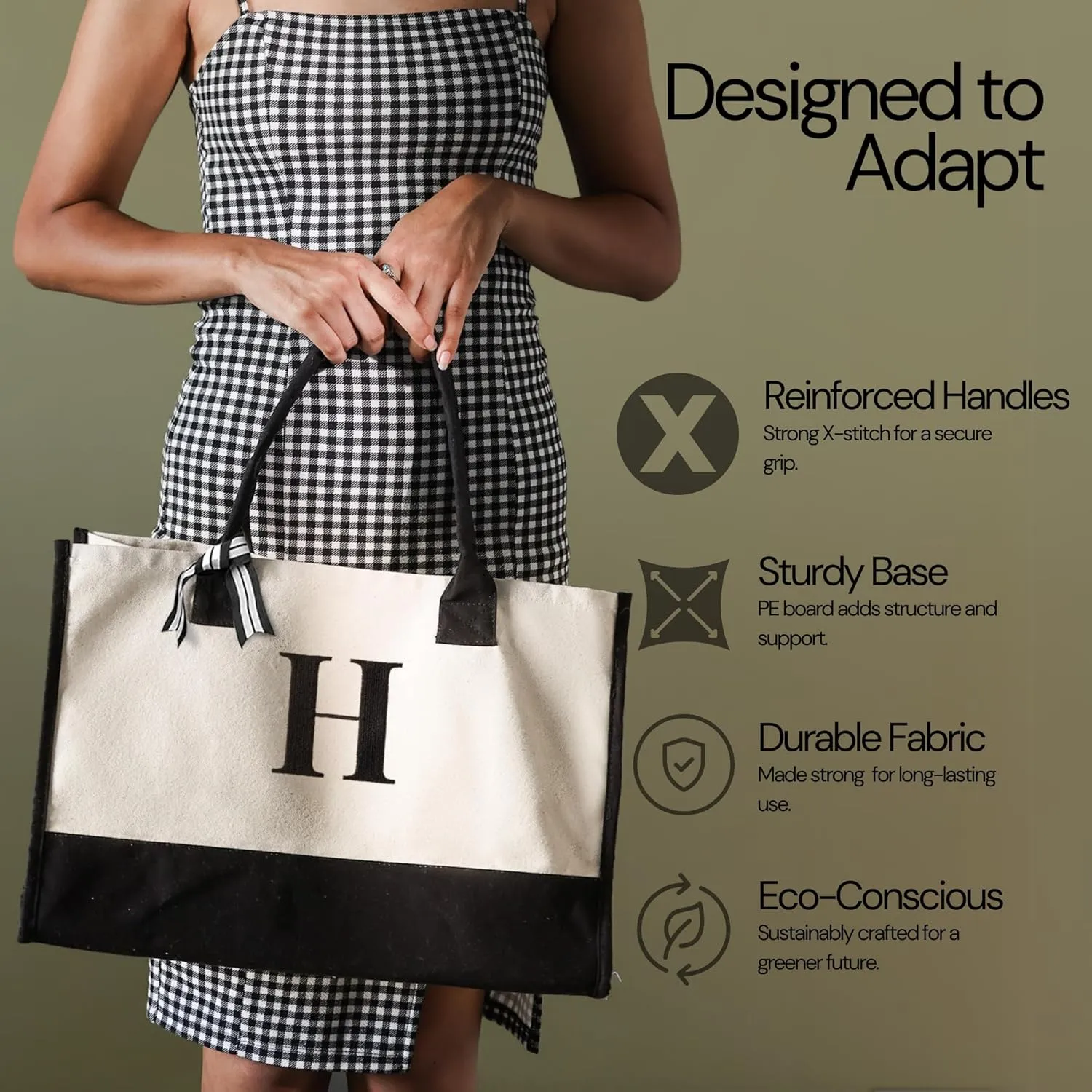 Salt Earth 100% Cotton Personalized Everyday Canvas Initial Tote Bag for Women, Monogrammed Large Utility Bag for Beach