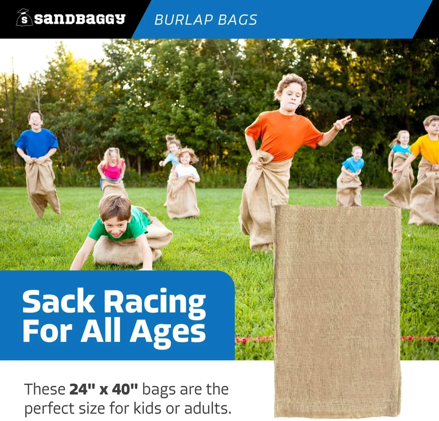 Sandbaggy Burlap Bags Large 24" x 40" - Potato Sack Race Bags for Kids & Adults | Perfect Birthday Party Game | Shrub & Plant Frost Protection - Food Grade (Pack of 8)