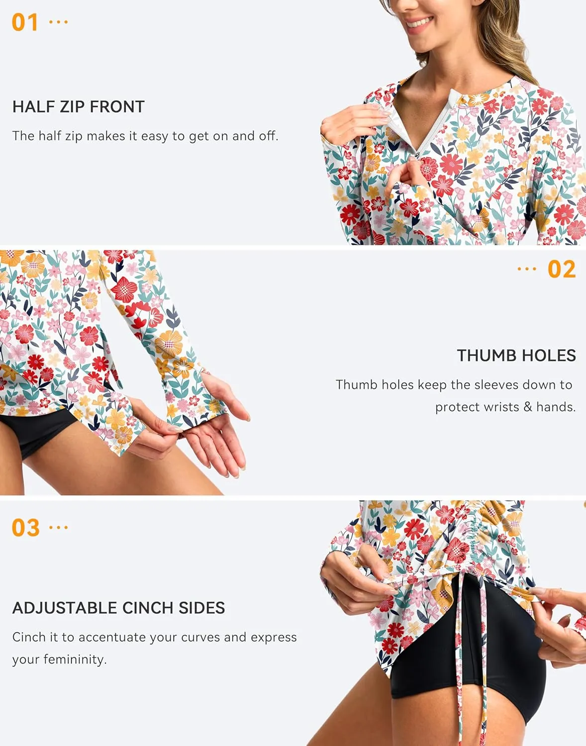 SANTINY Women's Rash Guard UPF50  SPF Long Sleeve Swimsuits Top UV Sun Protection Swim Shirts for Woman with Zip