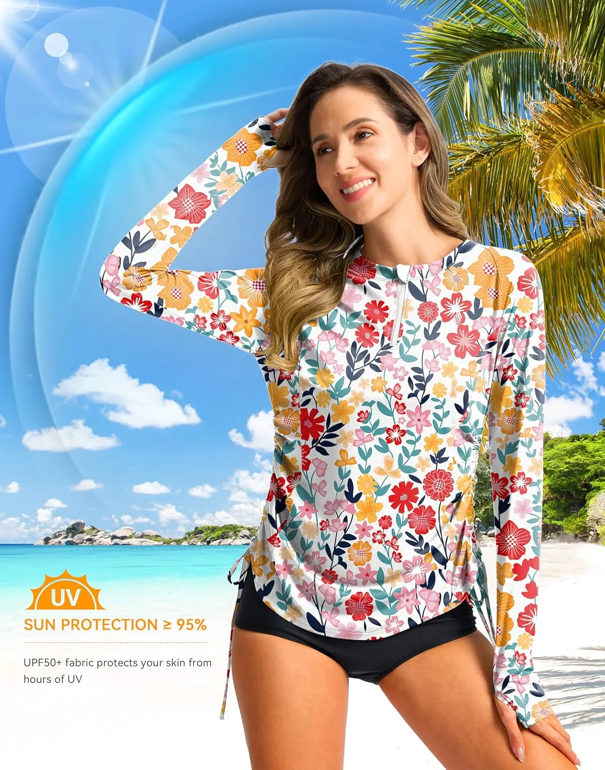 SANTINY Women's Rash Guard UPF50  SPF Long Sleeve Swimsuits Top UV Sun Protection Swim Shirts for Woman with Zip