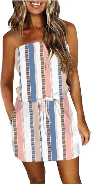 SAUKOLE Summer Dress for Women Strapless Beach Cover Ups Boho Sundress Mini Dress Drawstring Waist with Pockets