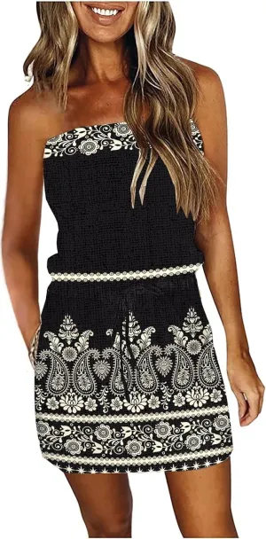 SAUKOLE Summer Dress for Women Strapless Beach Cover Ups Boho Sundress Mini Dress Drawstring Waist with Pockets