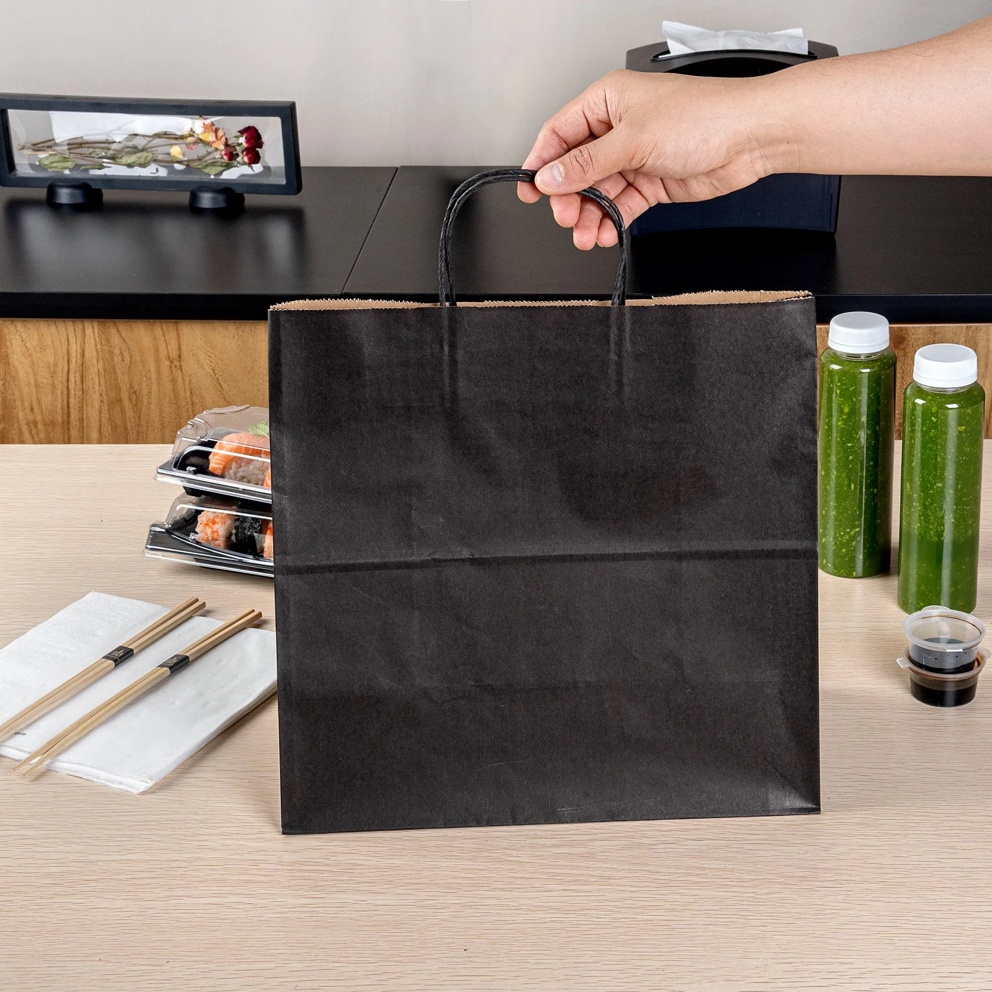 Saving Nature Black Paper Retail Bag - with Handles - 12 1/2" x 6 1/4" x 12 1/4" - 100 count box