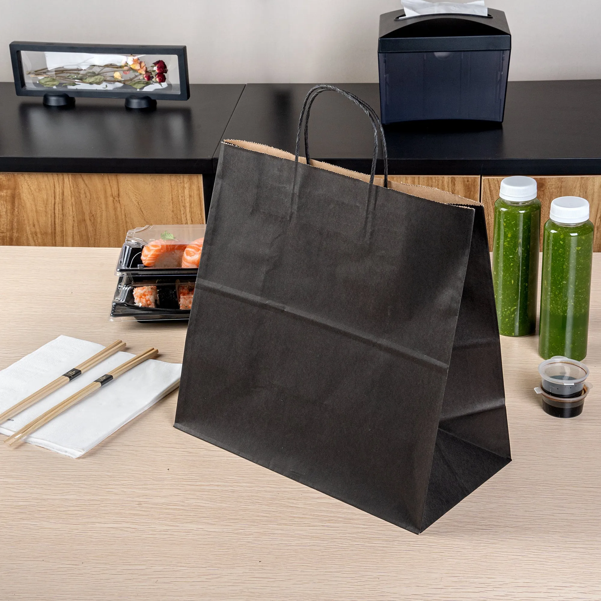 Saving Nature Black Paper Retail Bag - with Handles - 12 1/2" x 6 1/4" x 12 1/4" - 100 count box