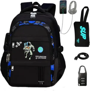 School Backpack. Astronaut Glowing Backpack with charging port.Boy Backpack Schoolbag for Boys Kids Children Teens Girls Elementary Middle School Bags, Headphone port, Pencil case, Password lock