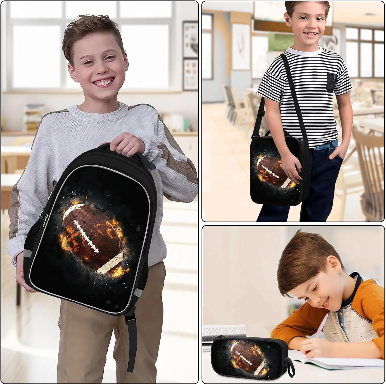 School Backpack for Boys - 4pcs Ameriacn Football Boys Backpack with Lunch Box and Pencil Case for Kids Children Teens Elementary Middle School - Students Bag for Ages 6-18,17″Bookbag Travel Back Pack