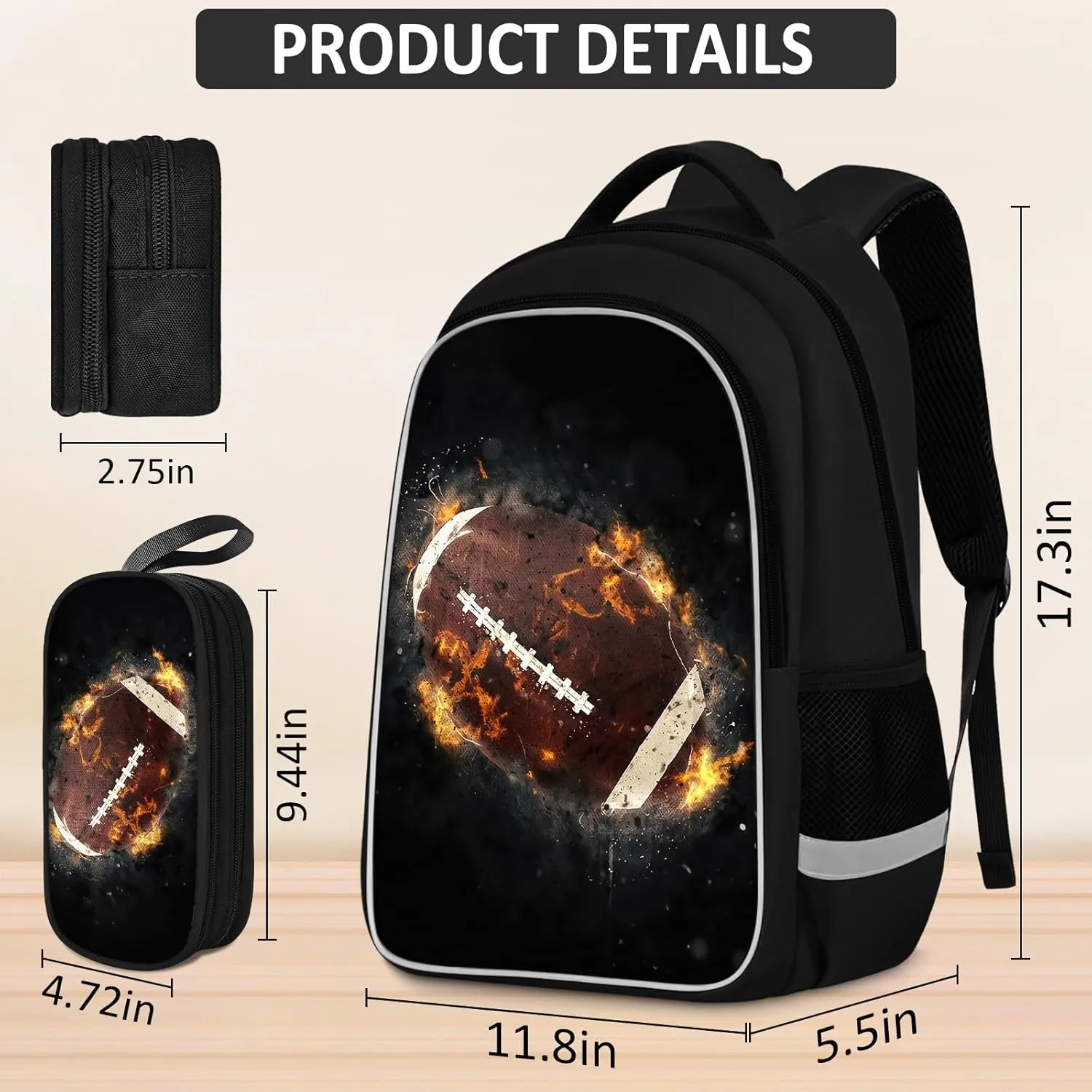 School Backpack for Boys - 4pcs Ameriacn Football Boys Backpack with Lunch Box and Pencil Case for Kids Children Teens Elementary Middle School - Students Bag for Ages 6-18,17″Bookbag Travel Back Pack