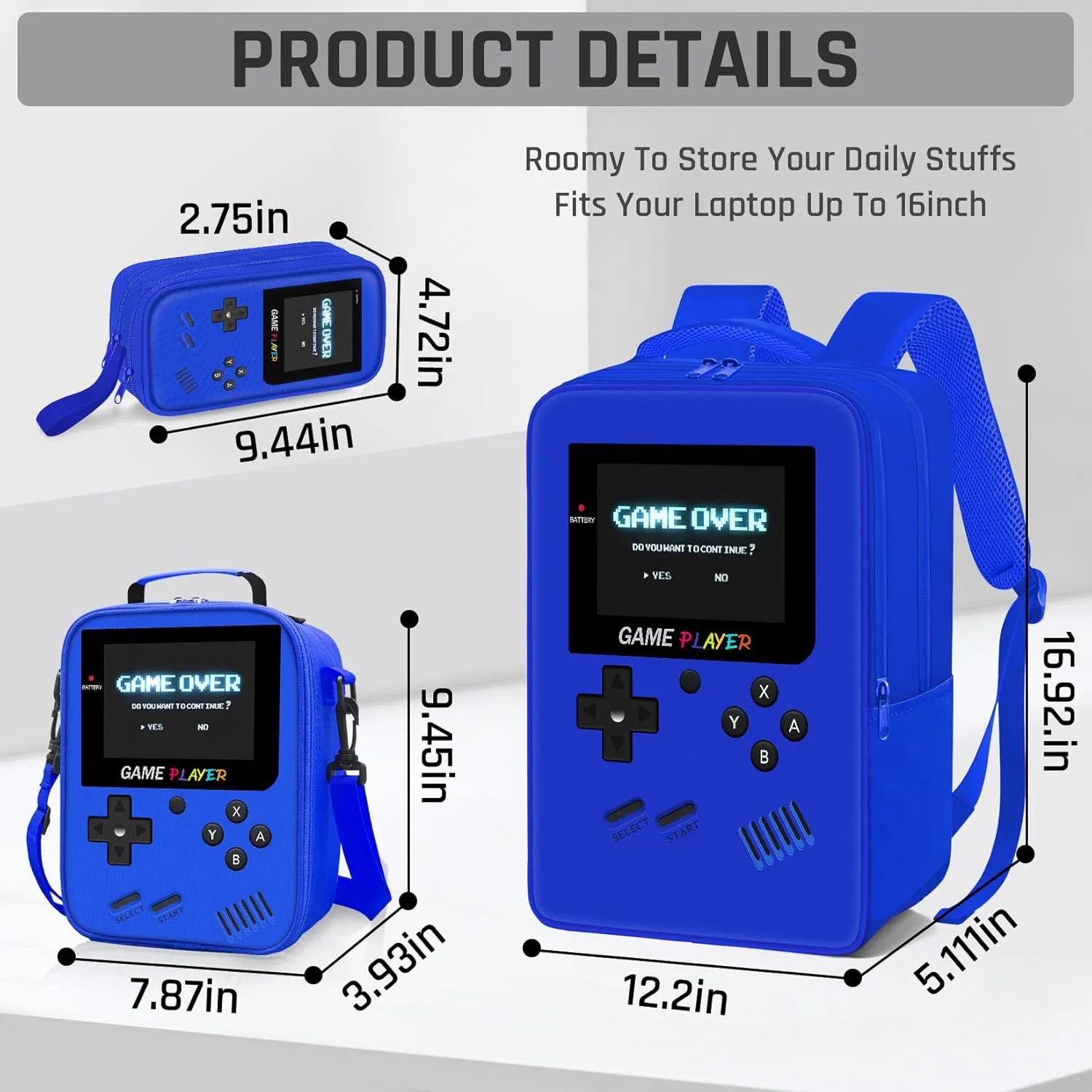 School Backpack for Boys,3pcs Gamer Boys Backpack with Lunch Box Set for Kids Children Teens Elementary Middle School,17" Large Capacity Student Bookbag & Multifunctional Video Game Travel Bag