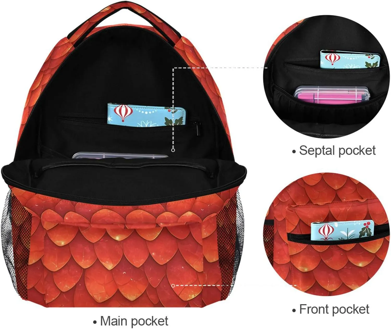 School Backpack for Men and Women Fashion Laptop Bookbag with Chest Strap for Business Work College Travel Trip Red Scales Shimmering