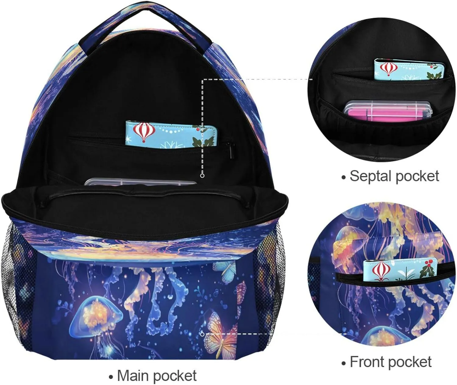 School Backpack for Teenager Waterproof Personal Backpack with Chest Strap Gift Men & Women Cartoon Jellyfish A River