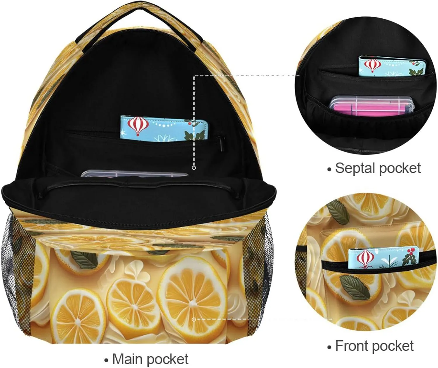 School Backpack for Women Men Fashion Laptop Bookbag with Chest Strap for Travel Trip Lemon Tart Art Deco Style