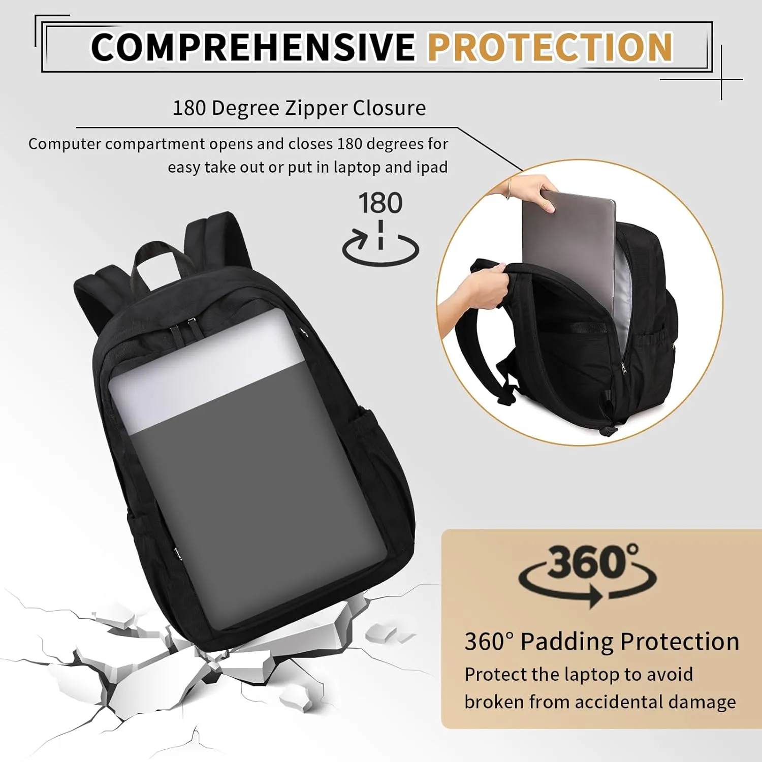 School Backpack Large Casual Book Bag Lightweight Back Pack fits 15.6 Inch Laptop for High School College Travel Work, Black