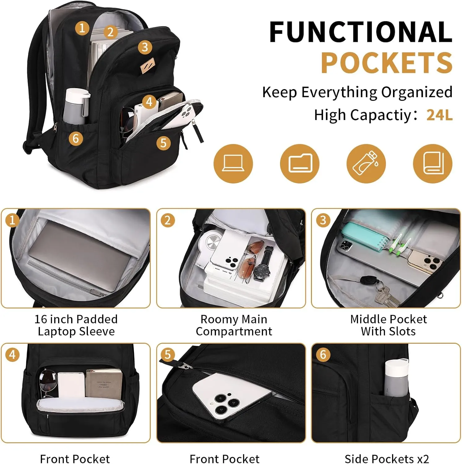 School Backpack Large Casual Book Bag Lightweight Back Pack fits 15.6 Inch Laptop for High School College Travel Work, Black