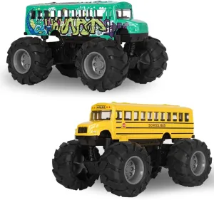School Bus Monster Truck Toy - 2 Pack Set Die Cast Yellow School Bus Toy, Pull Back Car Toys, Big Wheel Monster Truck Play Vehicles Gifts for Toddlers, Kids, Boys