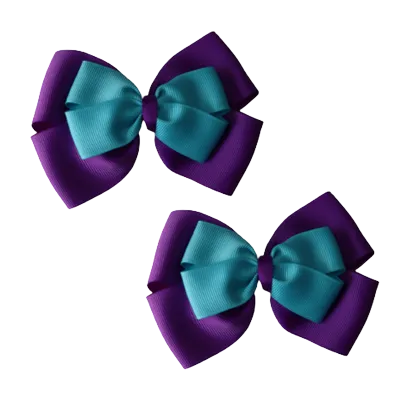 School Hair Accessories - Double Cherish Hair Bow 11cm - Purple Base & Centre Ribbon (24 colours top)