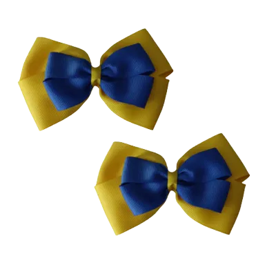 School Hair Accessories - Double Cherish Hair Bow 9cm - Daffodil Yellow Base & Centre Ribbon (24 colours top)