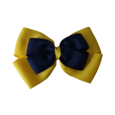School Hair Accessories - Double Cherish Hair Bow 9cm - Daffodil Yellow Base & Centre Ribbon (24 colours top)