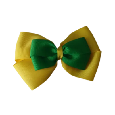 School Hair Accessories - Double Cherish Hair Bow 9cm - Daffodil Yellow Base & Centre Ribbon (24 colours top)