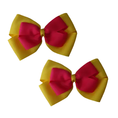 School Hair Accessories - Double Cherish Hair Bow 9cm - Daffodil Yellow Base & Centre Ribbon (24 colours top)