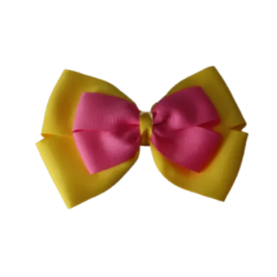 School Hair Accessories - Double Cherish Hair Bow 9cm - Daffodil Yellow Base & Centre Ribbon (24 colours top)