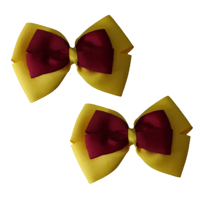 School Hair Accessories - Double Cherish Hair Bow 9cm - Daffodil Yellow Base & Centre Ribbon (24 colours top)