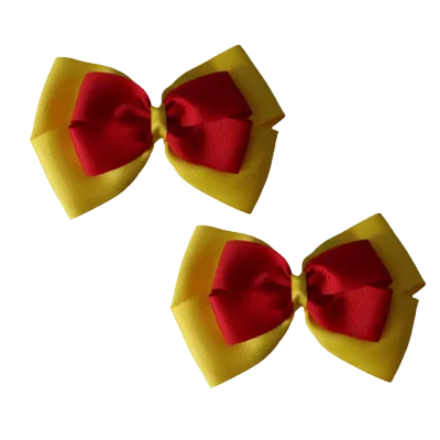 School Hair Accessories - Double Cherish Hair Bow 9cm - Daffodil Yellow Base & Centre Ribbon (24 colours top)