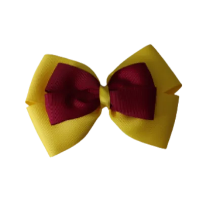 School Hair Accessories - Double Cherish Hair Bow 9cm - Daffodil Yellow Base & Centre Ribbon (24 colours top)