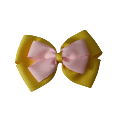 School Hair Accessories - Double Cherish Hair Bow 9cm - Daffodil Yellow Base & Centre Ribbon (24 colours top)