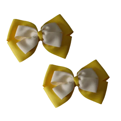 School Hair Accessories - Double Cherish Hair Bow 9cm - Daffodil Yellow Base & Centre Ribbon (24 colours top)