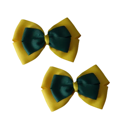 School Hair Accessories - Double Cherish Hair Bow 9cm - Daffodil Yellow Base & Centre Ribbon (24 colours top)