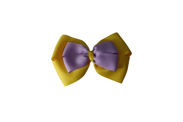School Hair Accessories - Double Cherish Hair Bow 9cm - Daffodil Yellow Base & Centre Ribbon (24 colours top)