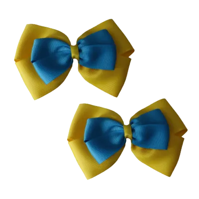 School Hair Accessories - Double Cherish Hair Bow 9cm - Daffodil Yellow Base & Centre Ribbon (24 colours top)