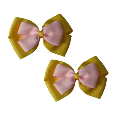 School Hair Accessories - Double Cherish Hair Bow 9cm - Daffodil Yellow Base & Centre Ribbon (24 colours top)