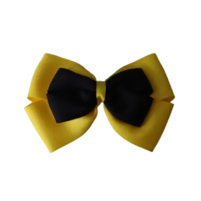 School Hair Accessories - Double Cherish Hair Bow 9cm - Daffodil Yellow Base & Centre Ribbon (24 colours top)