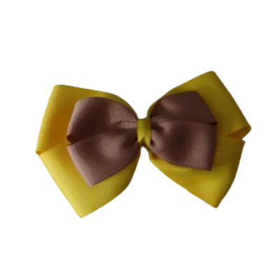 School Hair Accessories - Double Cherish Hair Bow 9cm - Daffodil Yellow Base & Centre Ribbon (24 colours top)