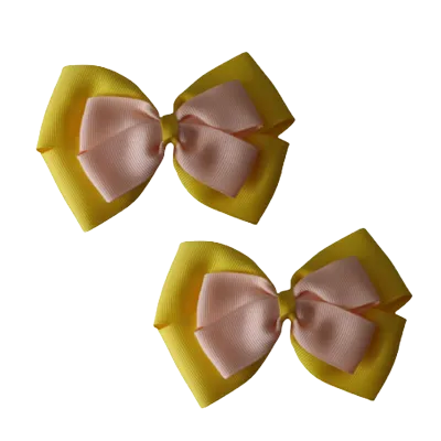 School Hair Accessories - Double Cherish Hair Bow 9cm - Daffodil Yellow Base & Centre Ribbon (24 colours top)