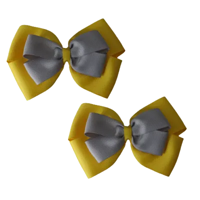 School Hair Accessories - Double Cherish Hair Bow 9cm - Daffodil Yellow Base & Centre Ribbon (24 colours top)