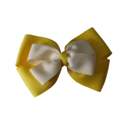 School Hair Accessories - Double Cherish Hair Bow 9cm - Daffodil Yellow Base & Centre Ribbon (24 colours top)