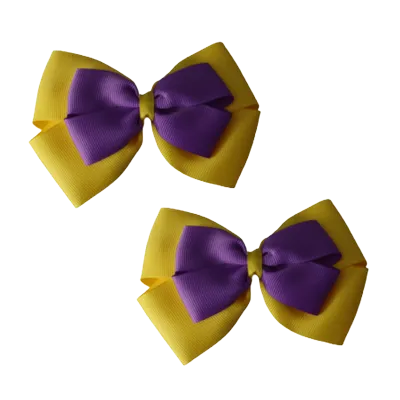 School Hair Accessories - Double Cherish Hair Bow 9cm - Daffodil Yellow Base & Centre Ribbon (24 colours top)