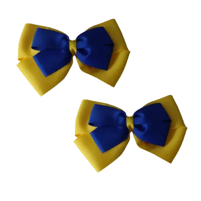 School Hair Accessories - Double Cherish Hair Bow 9cm - Daffodil Yellow Base & Centre Ribbon (24 colours top)