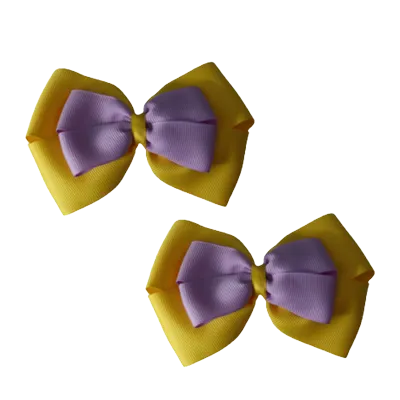 School Hair Accessories - Double Cherish Hair Bow 9cm - Daffodil Yellow Base & Centre Ribbon (24 colours top)