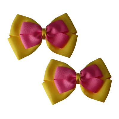 School Hair Accessories - Double Cherish Hair Bow 9cm - Daffodil Yellow Base & Centre Ribbon (24 colours top)