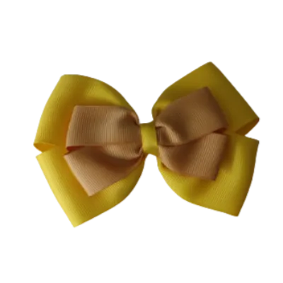 School Hair Accessories - Double Cherish Hair Bow 9cm - Daffodil Yellow Base & Centre Ribbon (24 colours top)