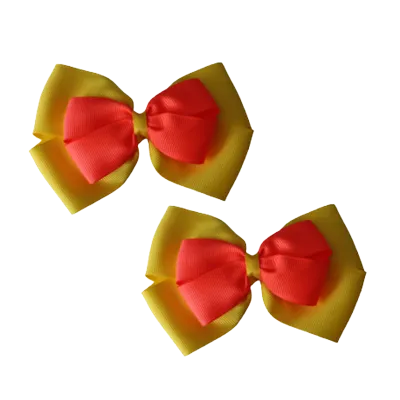 School Hair Accessories - Double Cherish Hair Bow 9cm - Daffodil Yellow Base & Centre Ribbon (24 colours top)