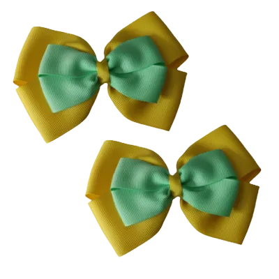School Hair Accessories - Double Cherish Hair Bow 9cm - Daffodil Yellow Base & Centre Ribbon (24 colours top)
