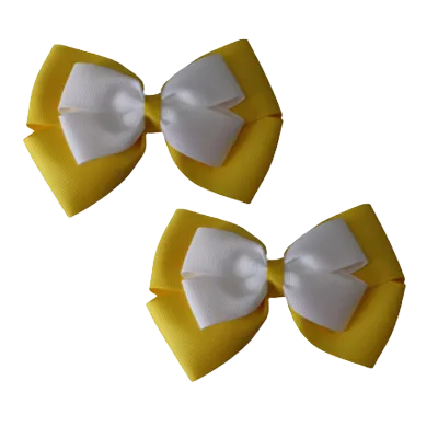 School Hair Accessories - Double Cherish Hair Bow 9cm - Daffodil Yellow Base & Centre Ribbon (24 colours top)