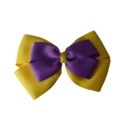 School Hair Accessories - Double Cherish Hair Bow 9cm - Daffodil Yellow Base & Centre Ribbon (24 colours top)
