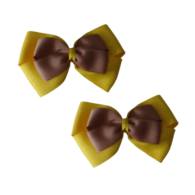School Hair Accessories - Double Cherish Hair Bow 9cm - Daffodil Yellow Base & Centre Ribbon (24 colours top)