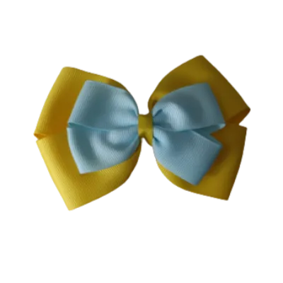 School Hair Accessories - Double Cherish Hair Bow 9cm - Daffodil Yellow Base & Centre Ribbon (24 colours top)
